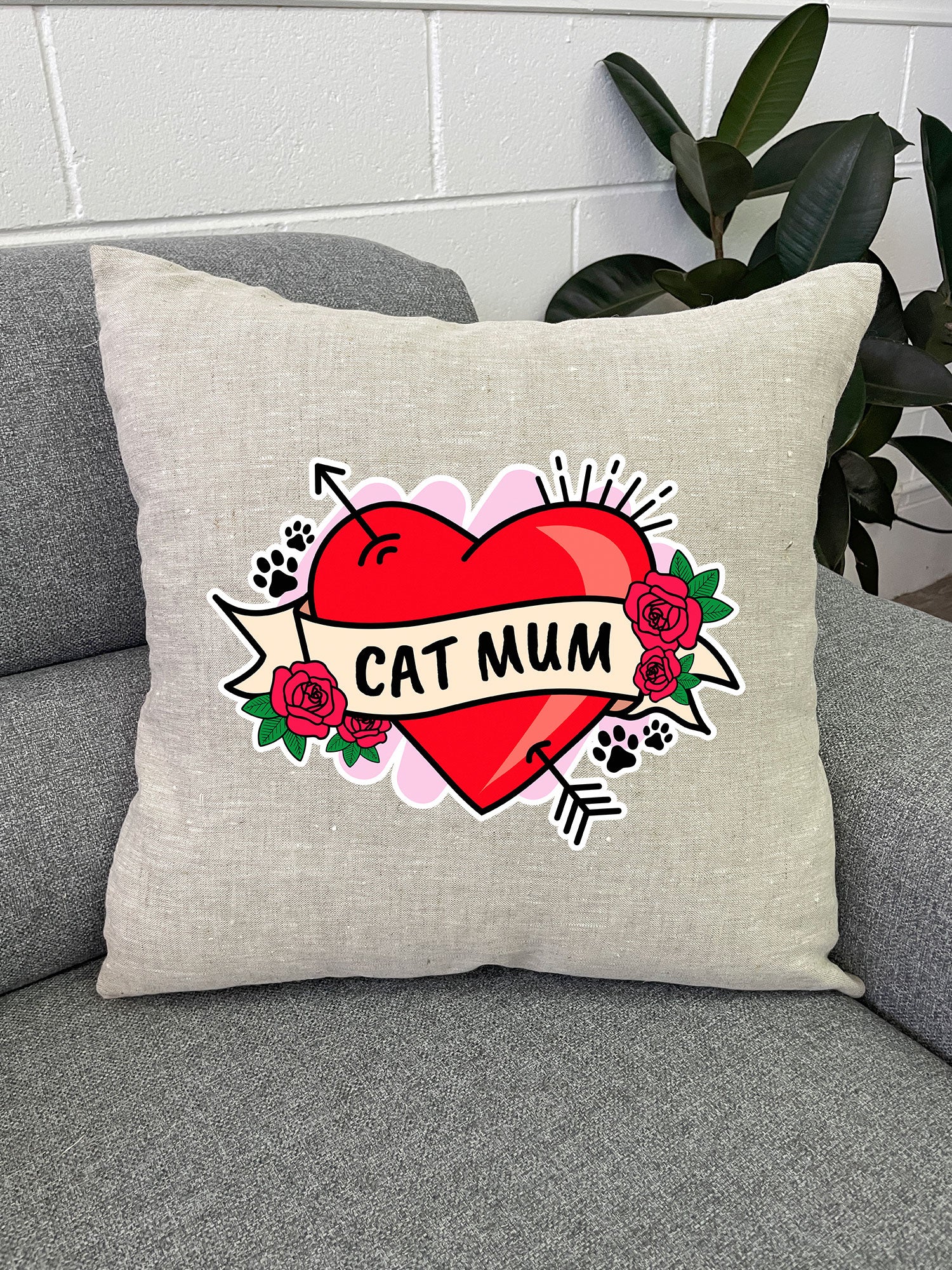 Cat Mum Heart Tattoo Linen Cushion Cover - Image 3