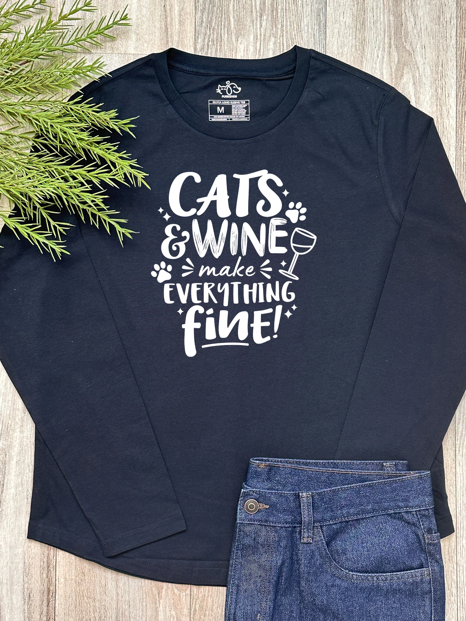 Cats & Wine Make Everything Fine Olivia Long Sleeve Tee - Image 3
