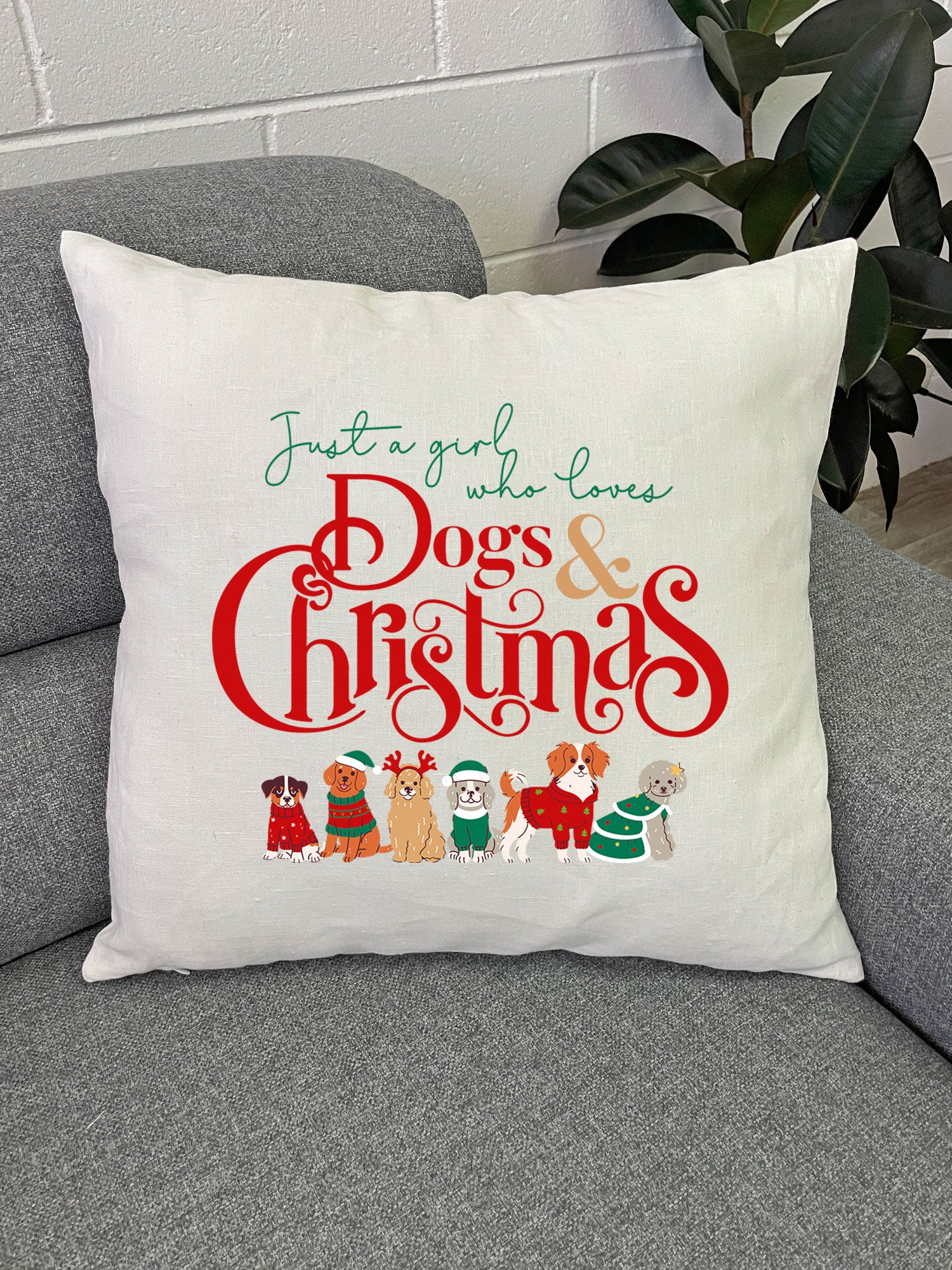 Just A Girl Who Loves Dogs & Christmas Linen Cushion Cover - Image 3